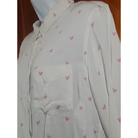 Anthropologie Rails M White Button Down Long Sleeve Pink Hearts Waist Tie Shirt - Picture 9 of 15